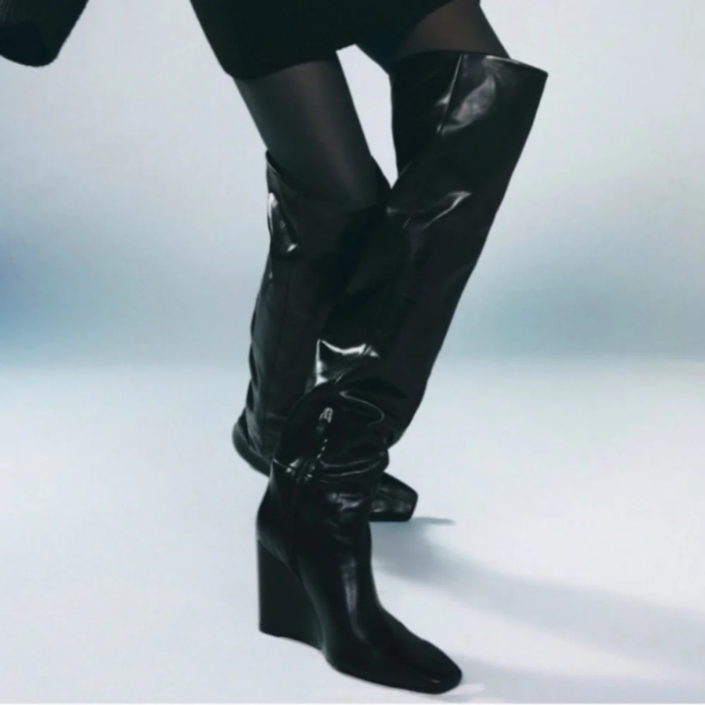 NWT Zara Leather Over The Knee Wedge Heel Boots, Size 7.5 - Picture 5 of 17